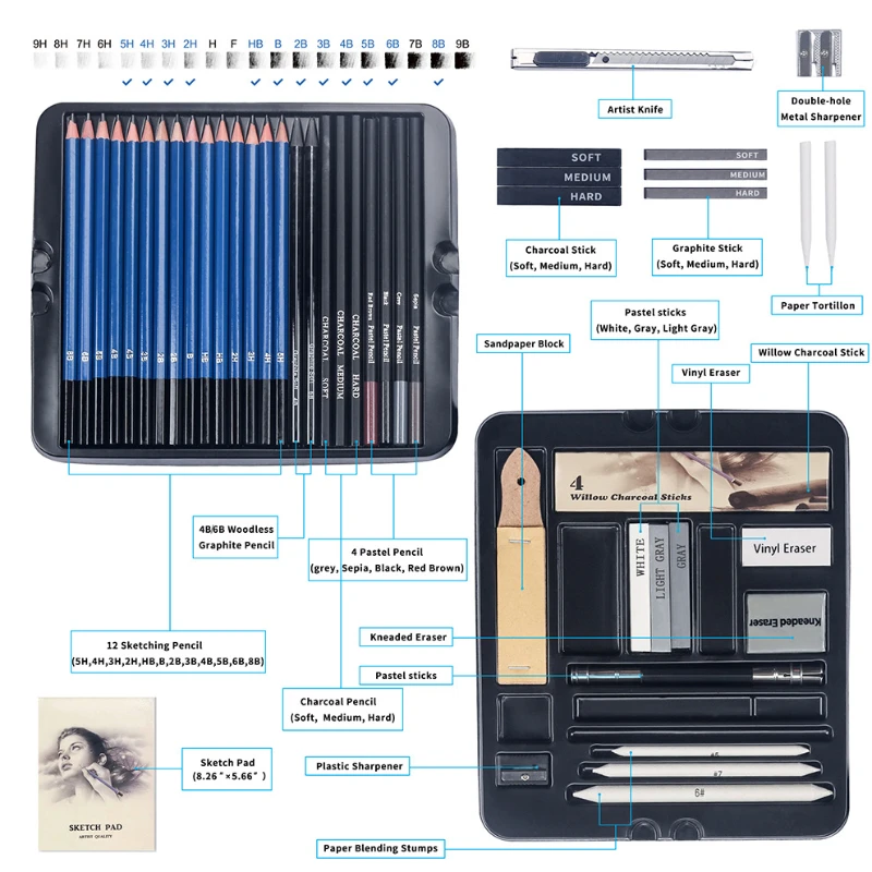50 Pcs Sketching Pencil Set Wo - đánh giá và giá Sketching Charcoal Set